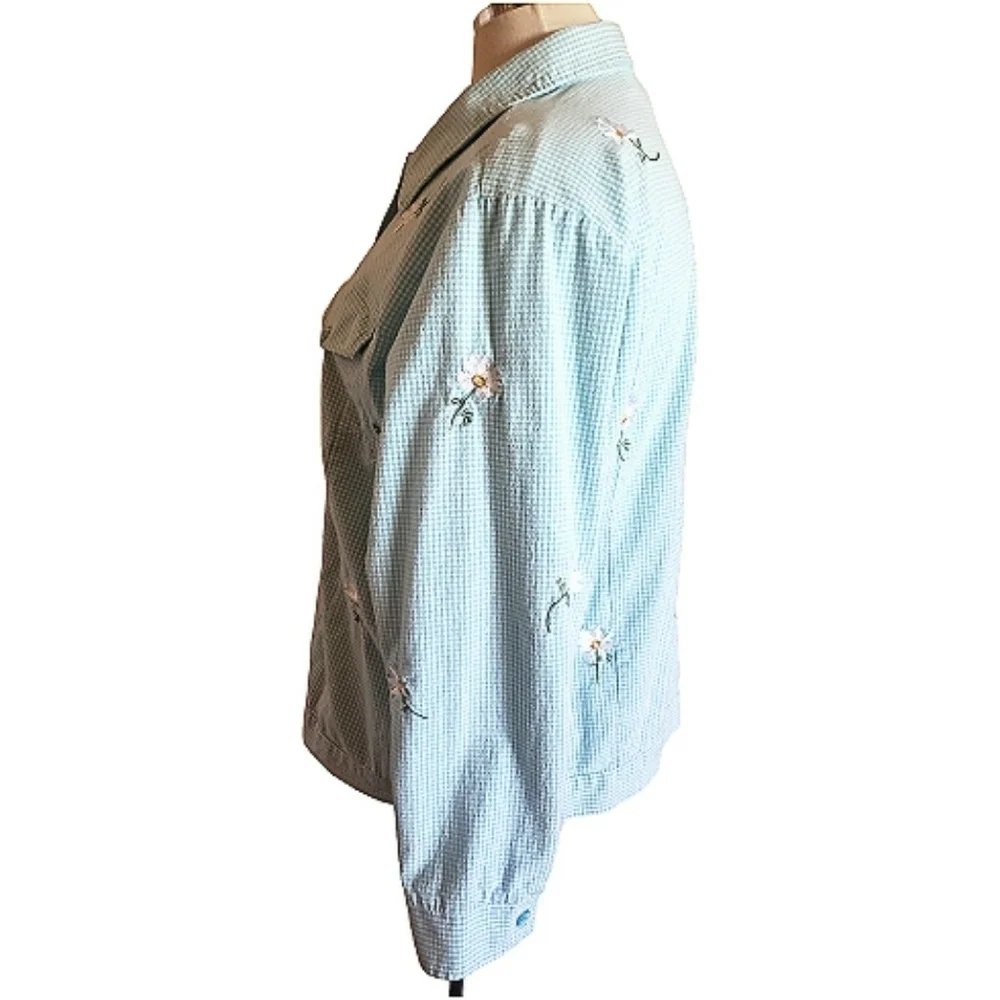 Vintage The Quacker Factory Blue Striped Jacket Floral Embroided Boho Shacket 1X